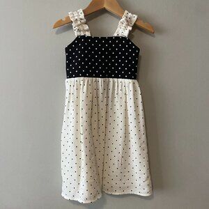 Handmade Children's Black Off White Polka Dot 100% Cotton Elastic Straps Dress